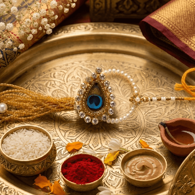 Golden Peacock Pearl Designer Rakhi