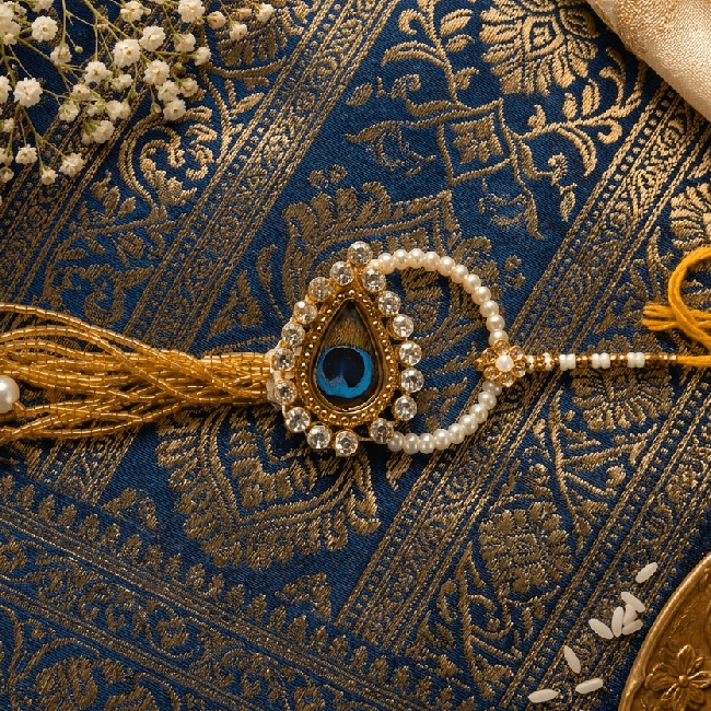 Golden Peacock Pearl Designer Rakhi