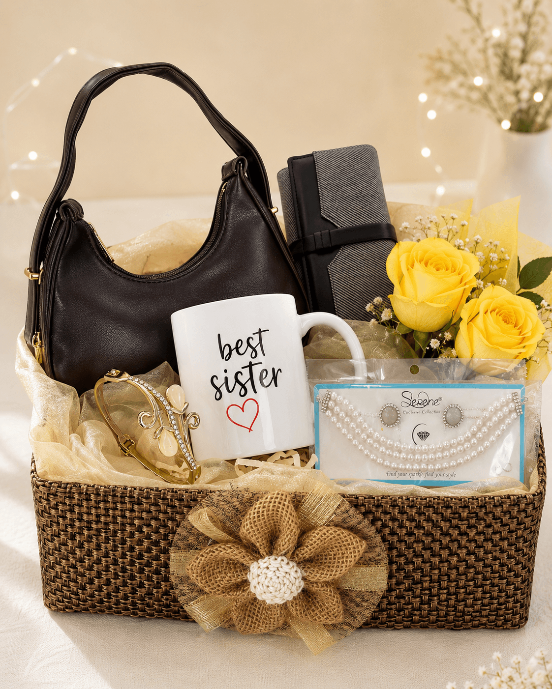 Premium Best Sister Luxury Gift Hamper with Handbag, Wallet, Jewellery & Mug