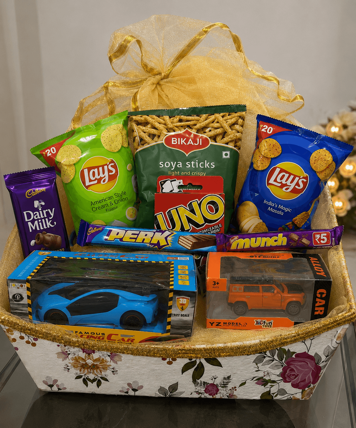 Ultimate Kids Fun Gift Hamper with Toy Cars, UNO Game & Snacks