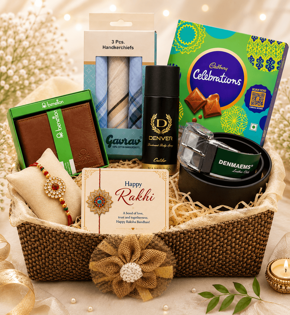 Premium Rakhi Gift Hamper for Brother with Wallet, Belt, Perfume & Chocolates