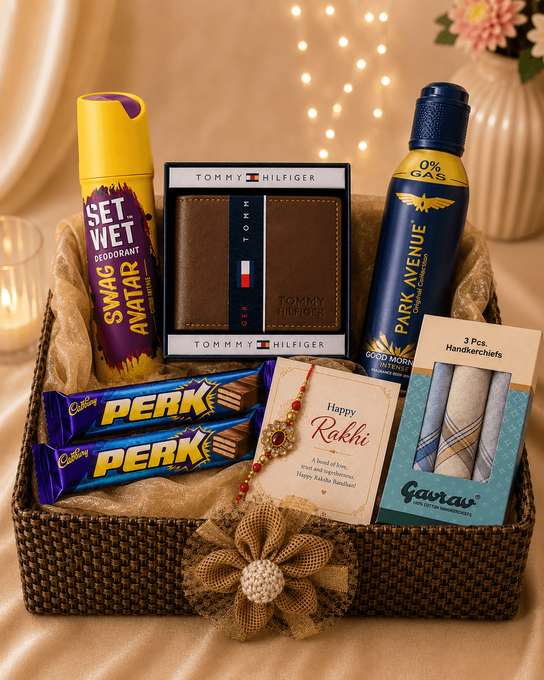 Premium Rakhi Gift Hamper with Tommy Hilfiger Wallet, Deodorants & Chocolates