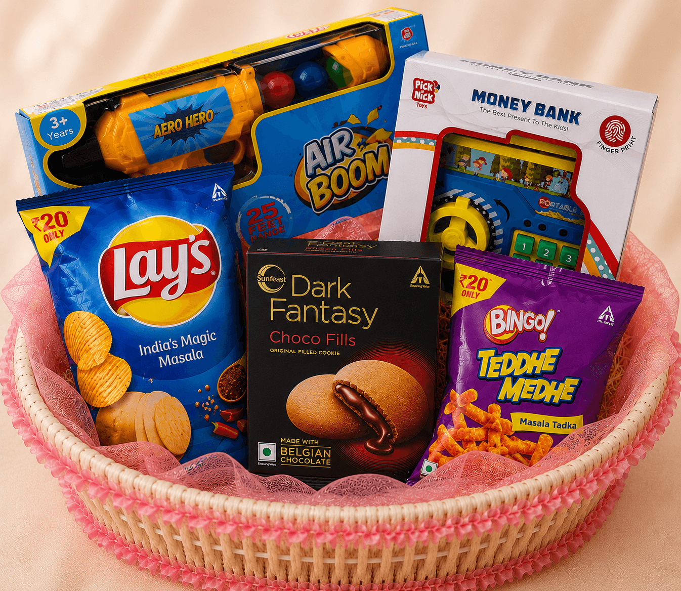 Kids Fun & Learning Gift Hamper with Air Blaster, Digital Money Bank & Snacks