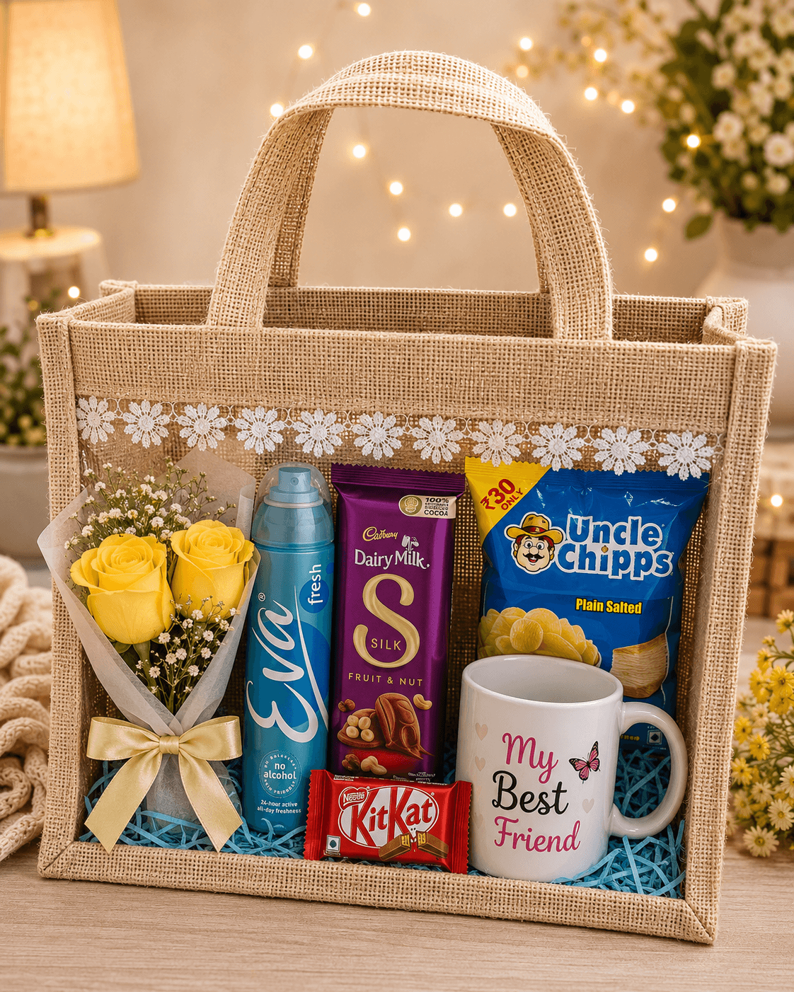 Friendship Day Best Friend Gift Hamper with Personalized Mug, Yellow Roses & Chocolates