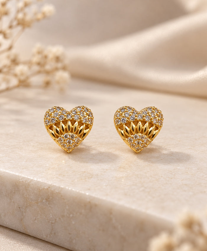 Heart-Shaped Gold-Tone Crystal Stud Earrings for Women
