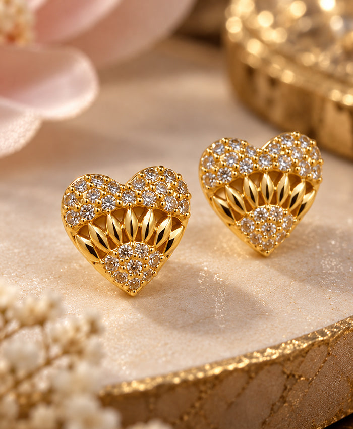 Heart-Shaped Gold-Tone Crystal Stud Earrings for Women