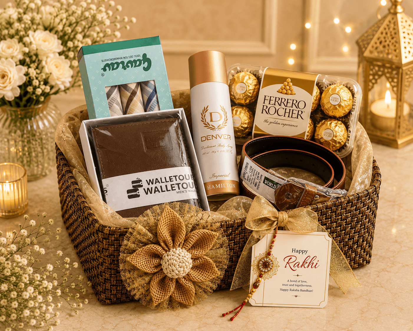 Premium Rakhi Gift Hamper with Wallet, Belt, Denver Perfume & Ferrero Rocher