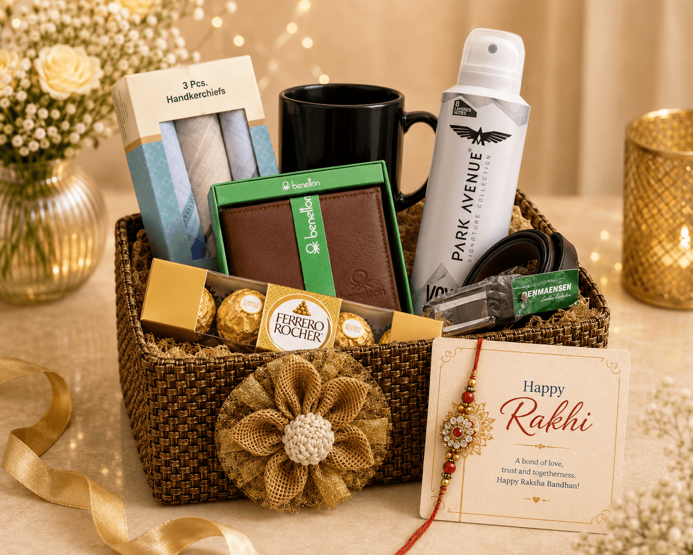 Premium Rakhi Gift Hamper with Wallet, Coffee Mug, Belt & Ferrero Rocher