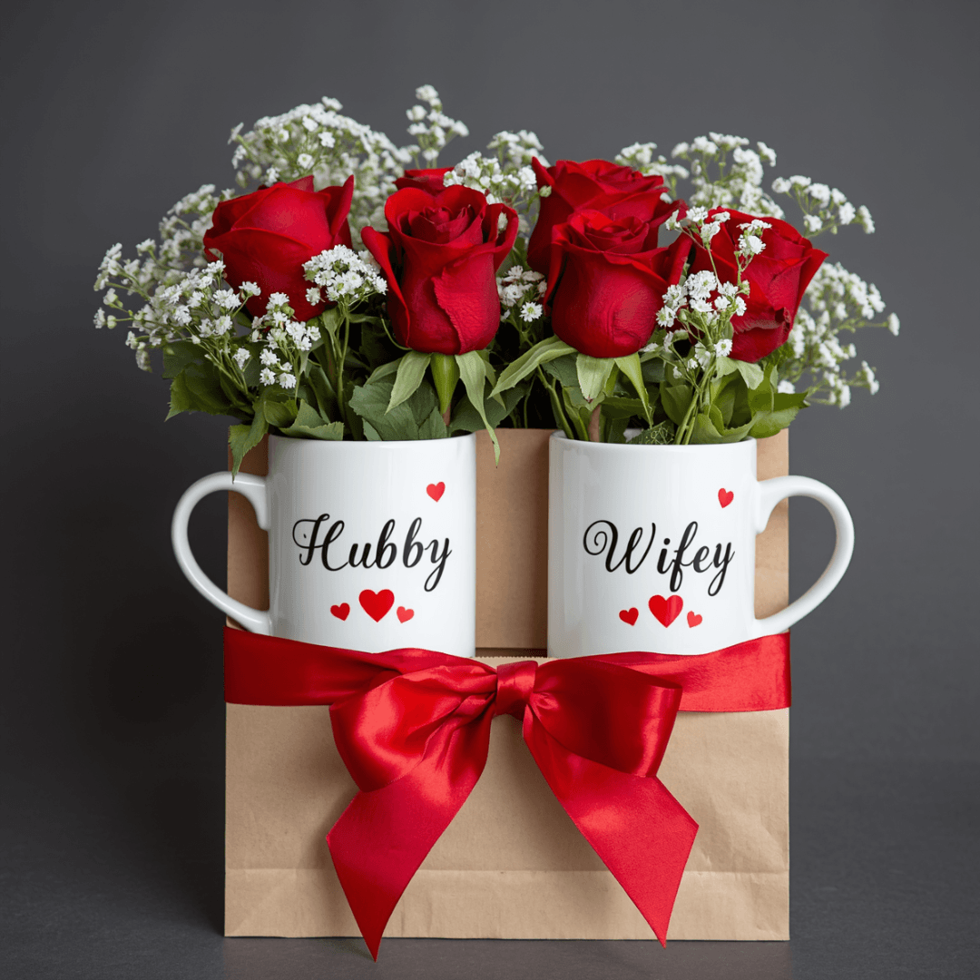 Hubby Wifey Couple Mug Gift Box with Red Roses