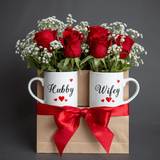 Hubby Wifey Couple Mug Gift Box with Red Roses