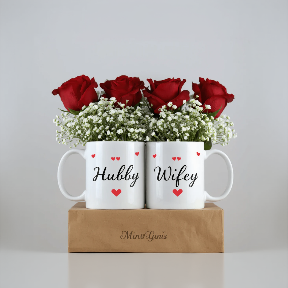 Hubby Wifey Couple Mug Gift Box with Red Roses