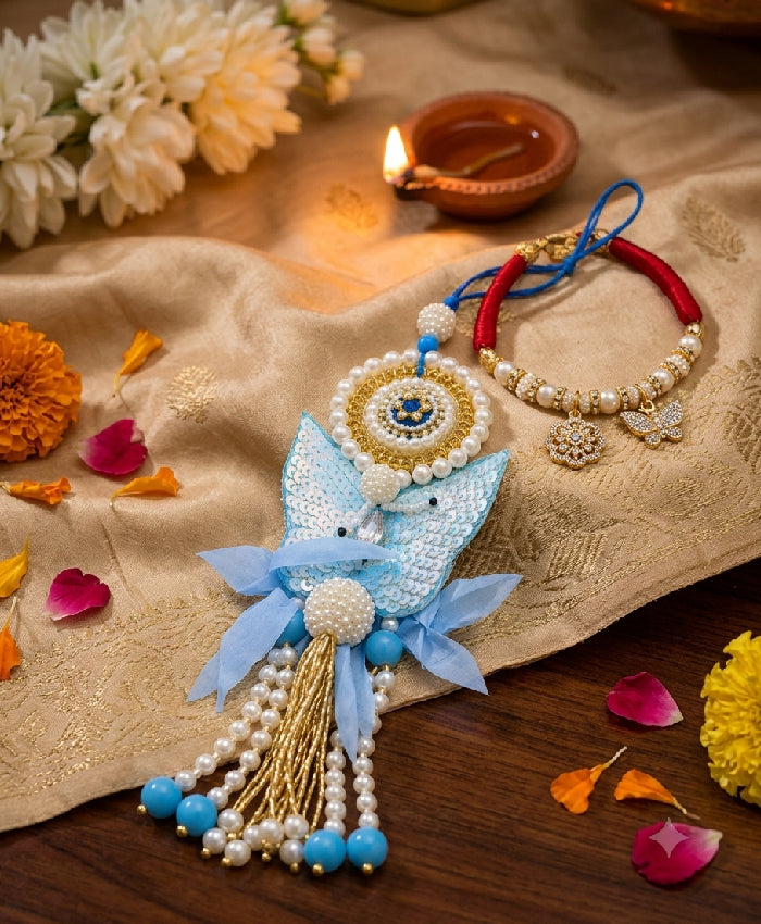 Sky Blue Butterfly Designer Lumba Rakhi