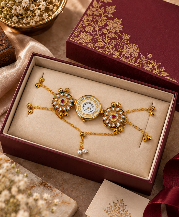 Kashmiri Floral Hand Ornament Watch – Traditional Gold-Tone Quartz Hand Watch with Red & Green Floral Detailing