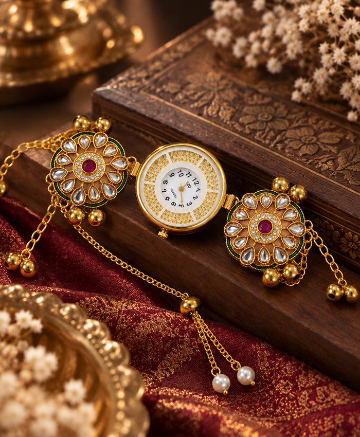 Kashmiri Floral Hand Ornament Watch – Traditional Gold-Tone Quartz Hand Watch with Red & Green Floral Detailing
