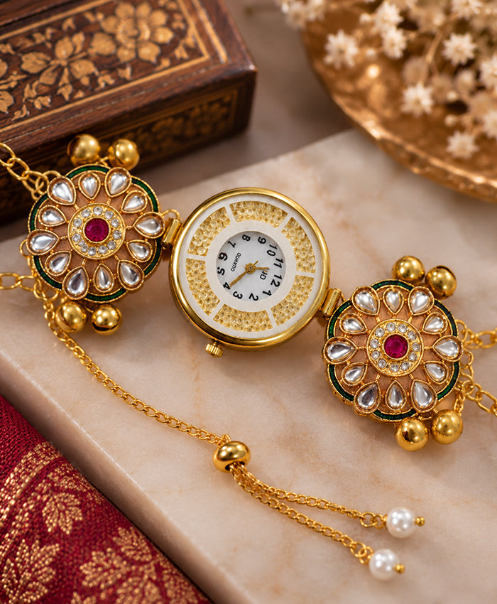 Kashmiri Floral Hand Ornament Watch – Traditional Gold-Tone Quartz Hand Watch with Red & Green Floral Detailing