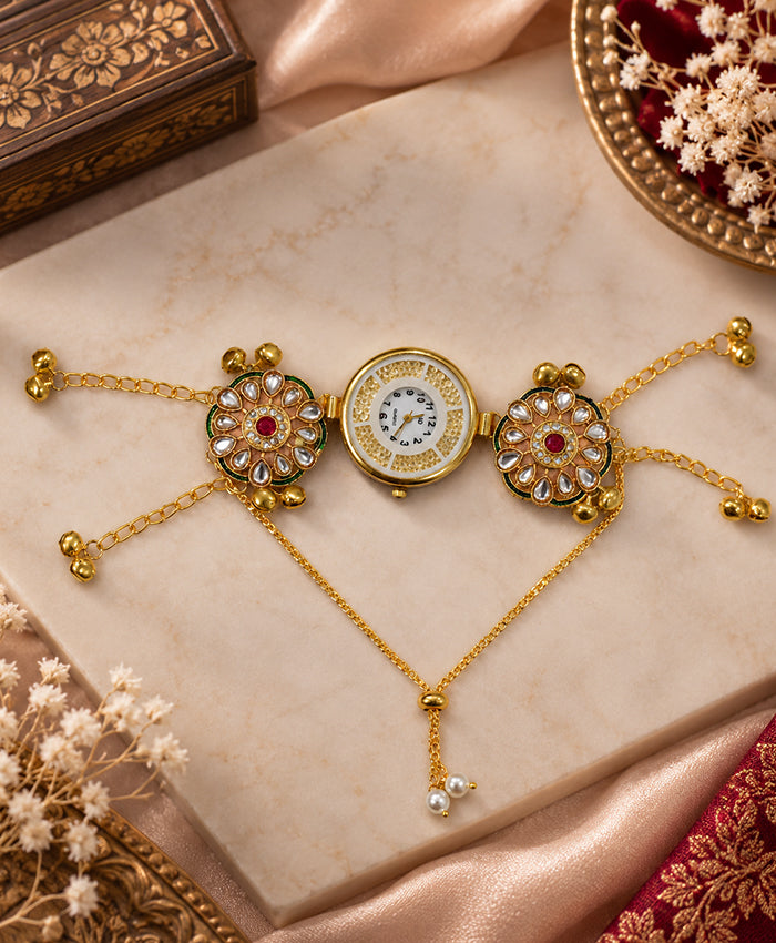 Kashmiri Floral Hand Ornament Watch – Traditional Gold-Tone Quartz Hand Watch with Red & Green Floral Detailing