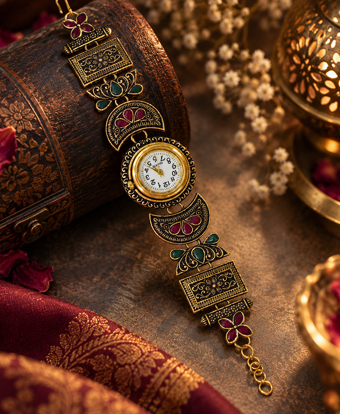 Kashmiri-Inspired Antique Gold-Tone Floral Filigree Bracelet Watch with Red & Green Details