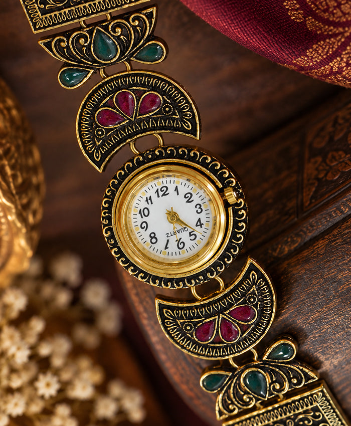 Kashmiri-Inspired Antique Gold-Tone Floral Filigree Bracelet Watch with Red & Green Details
