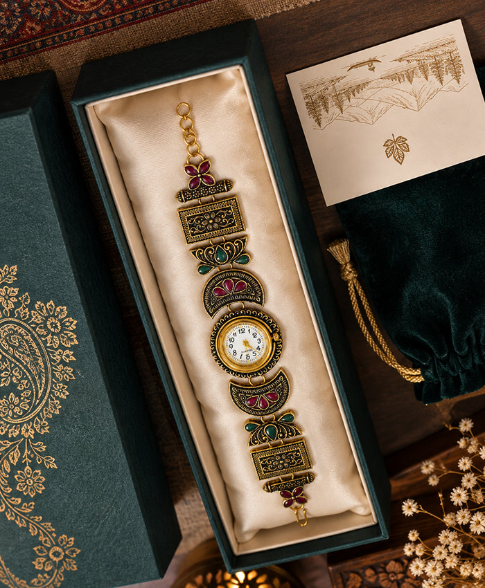 Kashmiri-Inspired Antique Gold-Tone Floral Filigree Bracelet Watch with Red & Green Details