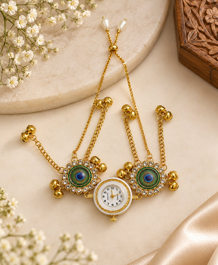 Kashmiri Peacock Eye Gold-Tone Adjustable Watch Bracelet