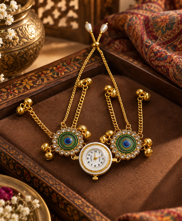 Kashmiri Peacock Eye Gold-Tone Adjustable Watch Bracelet