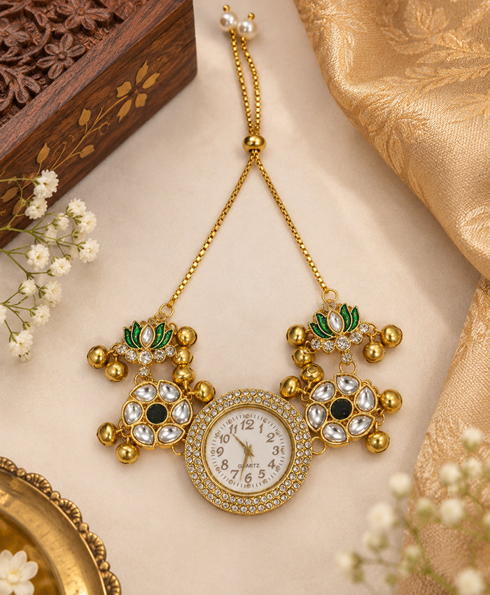 Kashmiri Traditional Ornamental Watch with Green Floral Detailing