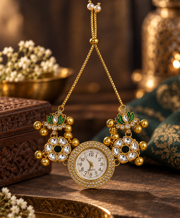 Kashmiri Traditional Ornamental Watch with Green Floral Detailing