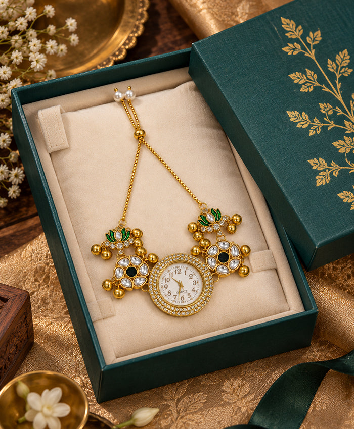 Kashmiri Traditional Ornamental Watch with Green Floral Detailing