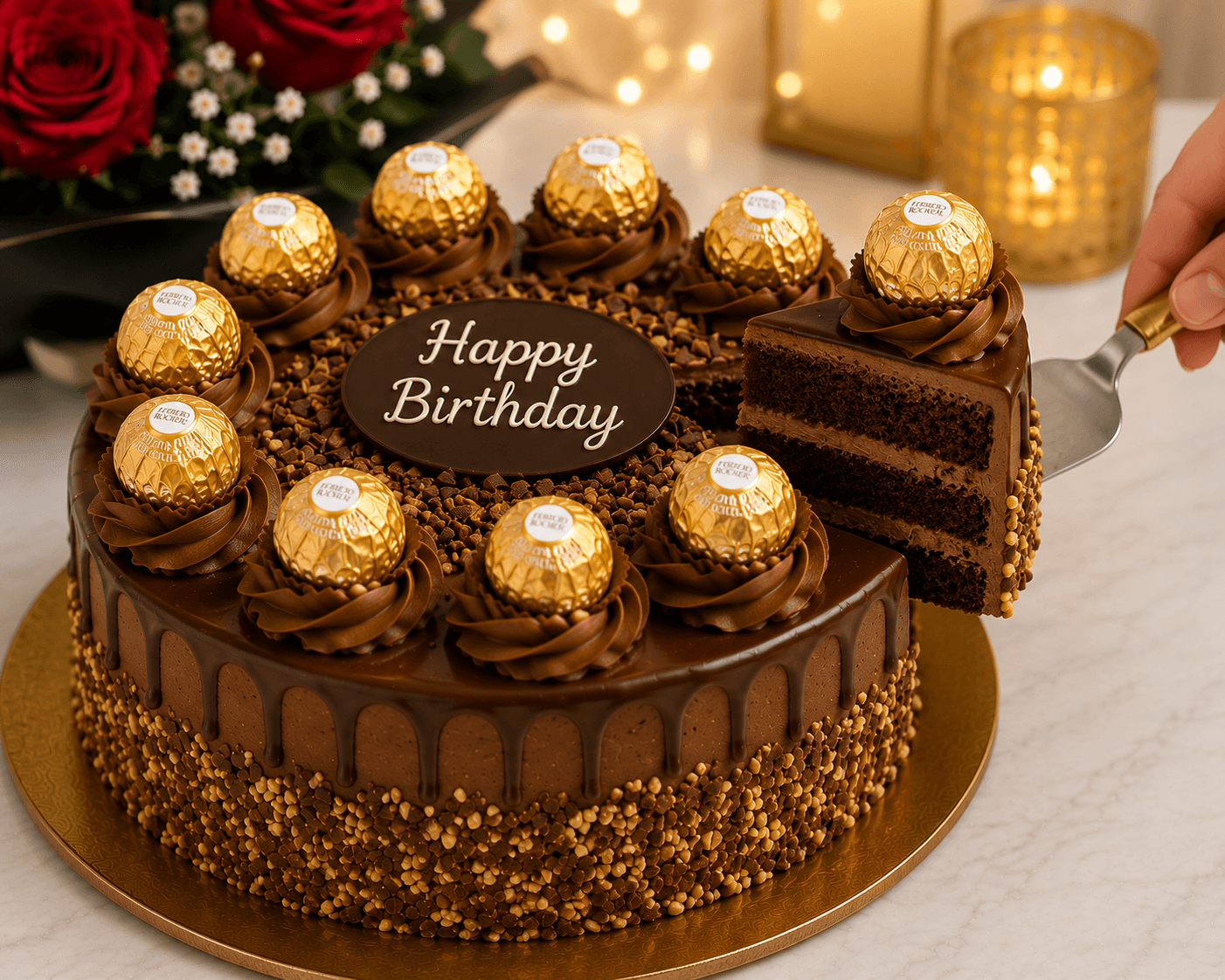 Luxury Red Roses, Chocolate Cake & Ferrero Rocher Birthday Combo