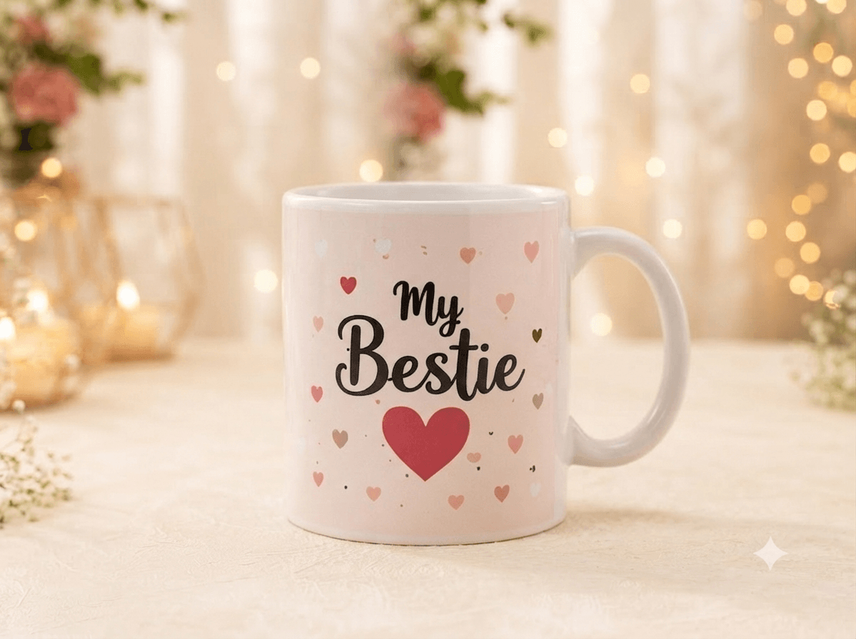 Bestie Friendship Day Gift Hamper with Personalized Mug, Dairy Milk Silk & White Roses