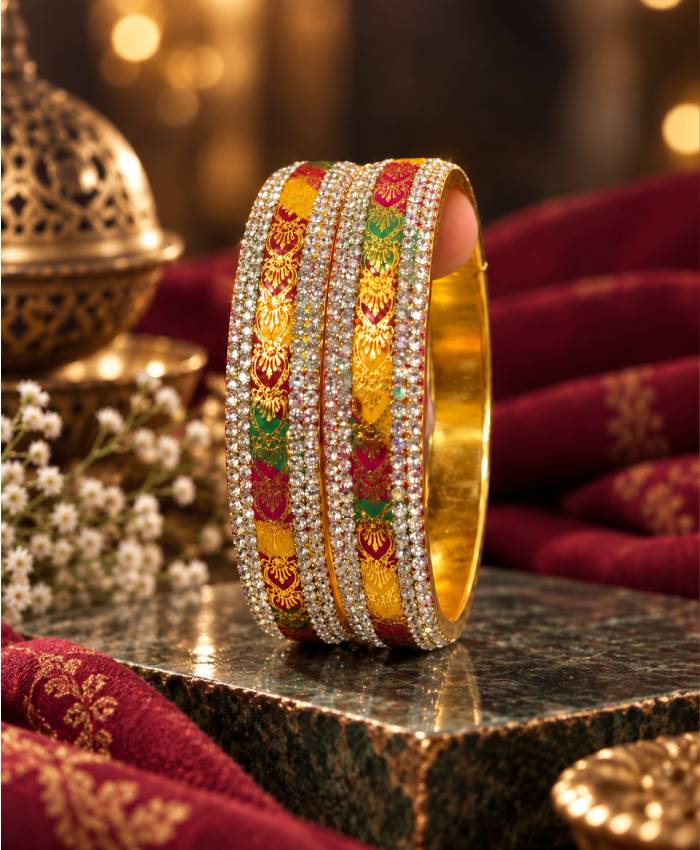 Multicolor Kundan-Style Gold-Tone Designer Bangle Set – Red, Green & Yellow Enamel