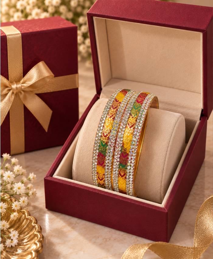 Multicolor Kundan-Style Gold-Tone Designer Bangle Set – Red, Green & Yellow Enamel