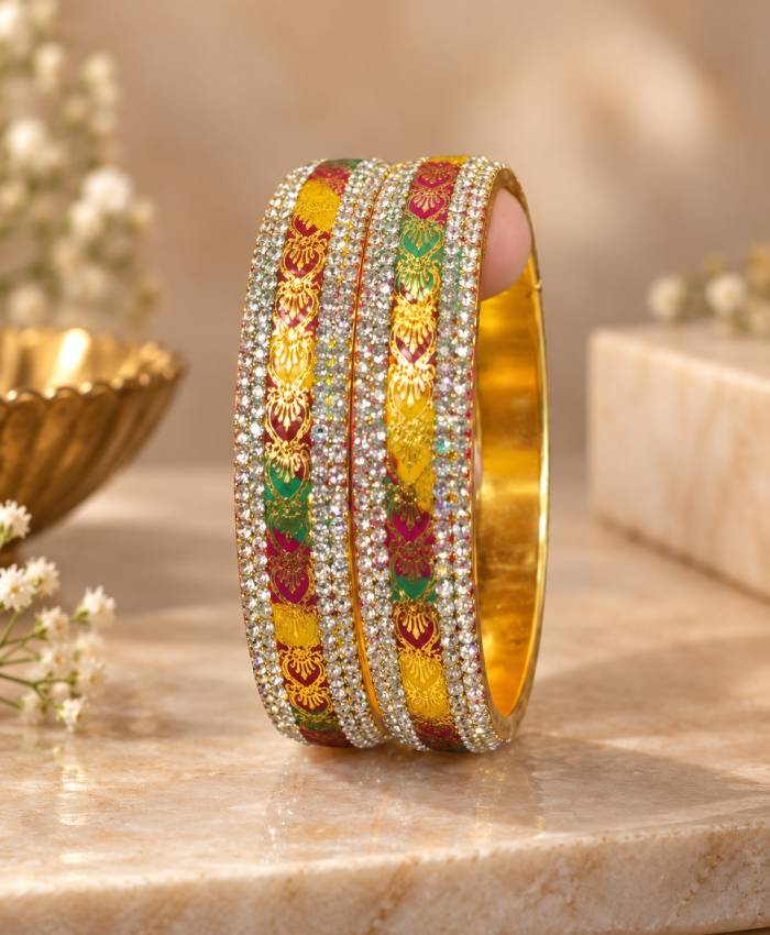 Multicolor Kundan-Style Gold-Tone Designer Bangle Set – Red, Green & Yellow Enamel