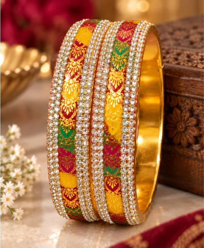 Multicolor Kundan-Style Gold-Tone Designer Bangle Set – Red, Green & Yellow Enamel