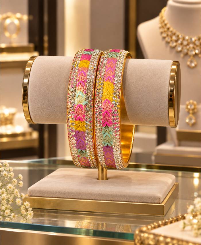 Multicolor Enamel & Stone-Studded Gold-Tone Designer Bangle Set – Pink, Purple, Yellow & Mint