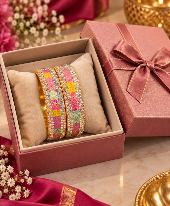 Multicolor Enamel & Stone-Studded Gold-Tone Designer Bangle Set – Pink, Purple, Yellow & Mint