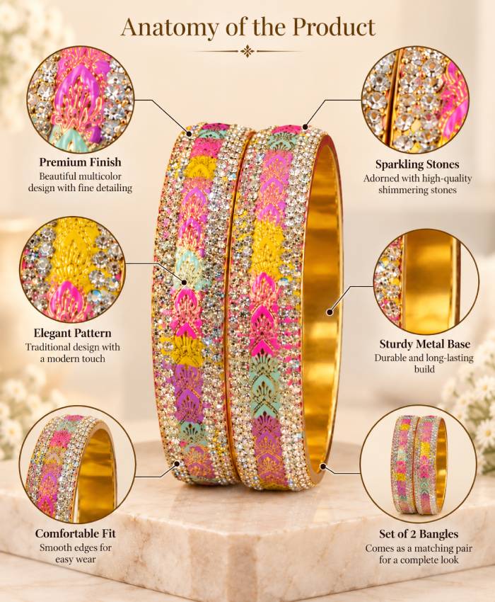 Multicolor Enamel & Stone-Studded Gold-Tone Designer Bangle Set – Pink, Purple, Yellow & Mint