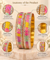 Multicolor Enamel & Stone-Studded Gold-Tone Designer Bangle Set – Pink, Purple, Yellow & Mint