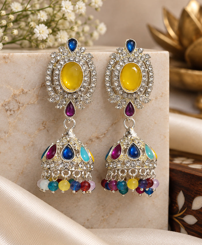 Multicolor Gemstone Crystal Jhumka Earrings – Traditional Indian Statement Drop Earrings