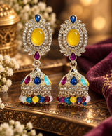 Multicolor Gemstone Crystal Jhumka Earrings – Traditional Indian Statement Drop Earrings