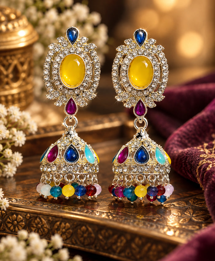 Multicolor Gemstone Crystal Jhumka Earrings – Traditional Indian Statement Drop Earrings