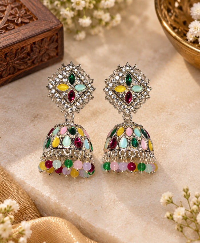 Multicolor Traditional Jhumka Earrings with Kundan-Style Detailing & Beaded Fringe
