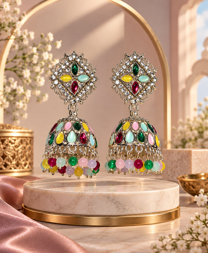 Multicolor Traditional Jhumka Earrings with Kundan-Style Detailing & Beaded Fringe