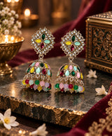 Multicolor Traditional Jhumka Earrings with Kundan-Style Detailing & Beaded Fringe