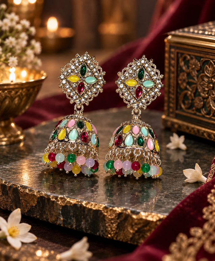 Multicolor Traditional Jhumka Earrings with Kundan-Style Detailing & Beaded Fringe