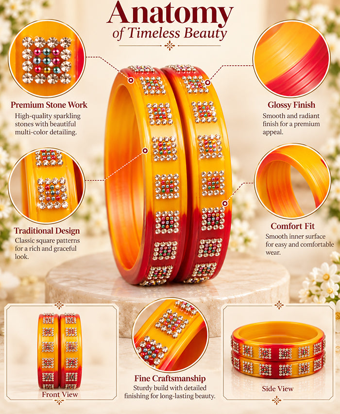 Multicolor Yellow–Orange–Red Crystal Designer Lac Bangle Set