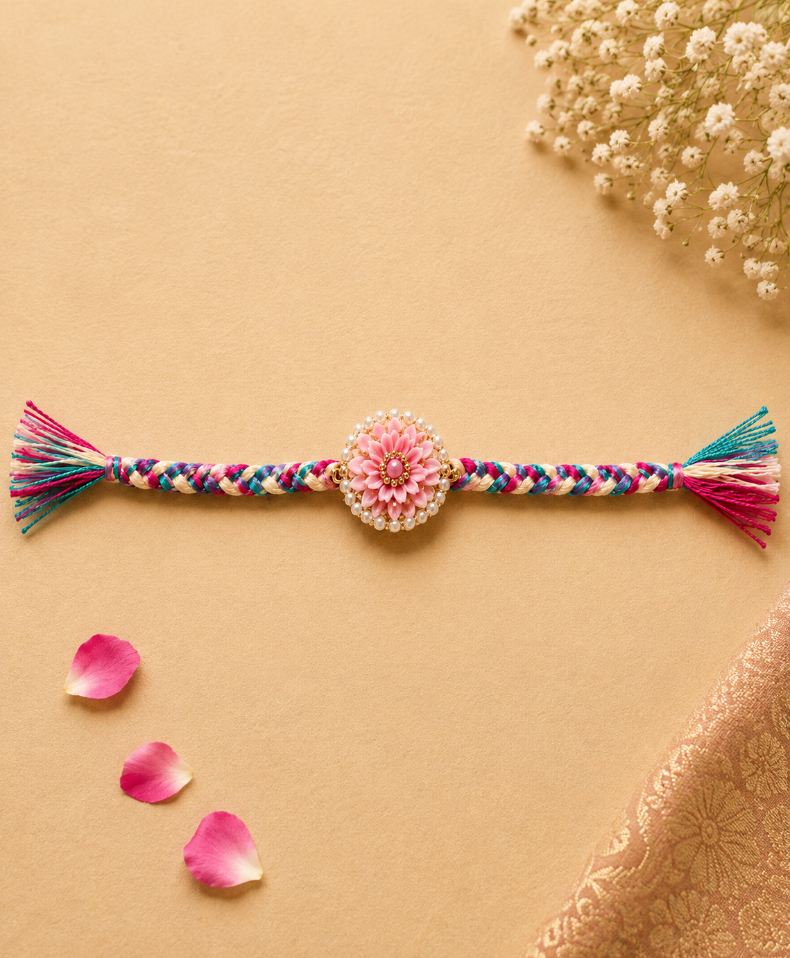 Pastel Pink Floral Braided Designer Rakhi