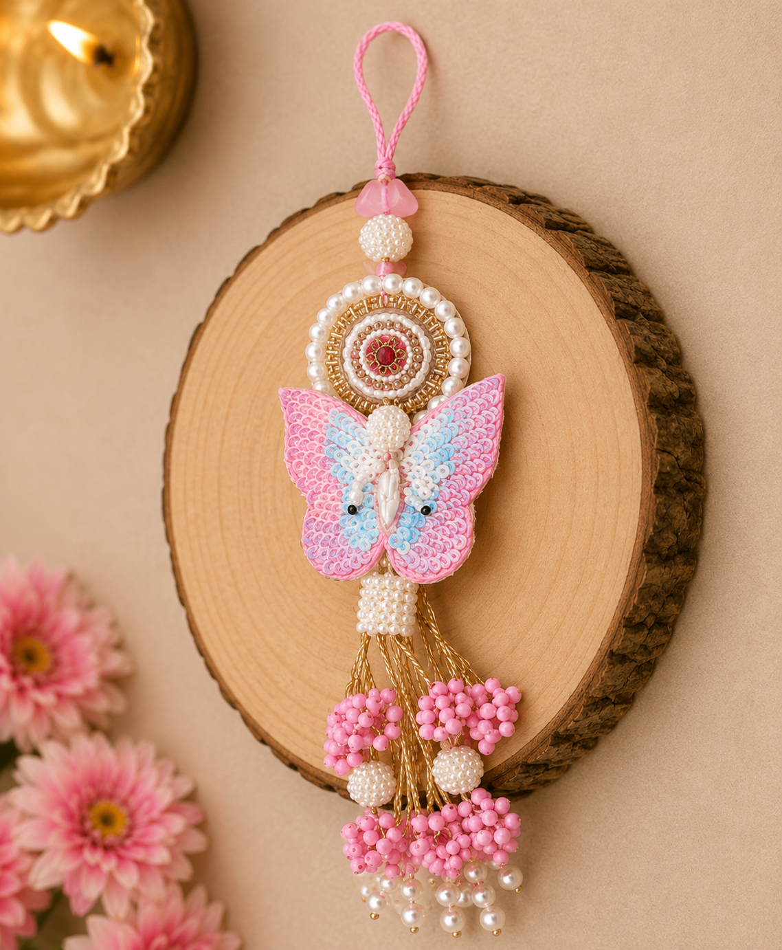 Pastel Sequin Butterfly Designer Lumba Rakhi