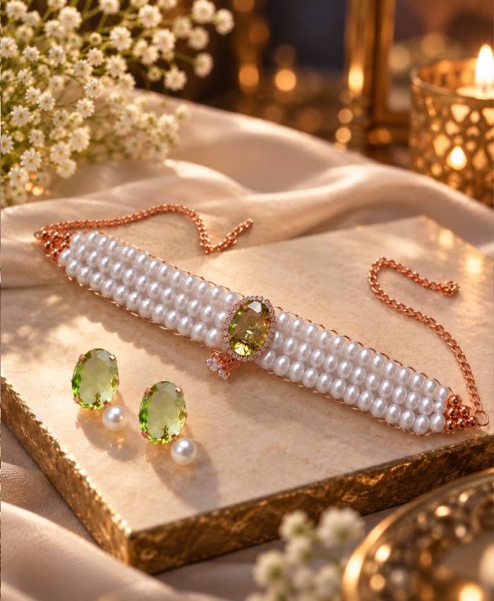 Celestia Pearl & Green Stone Rose-Gold-Tone Choker Jewellery Set