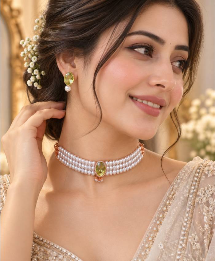 Celestia Pearl & Green Stone Rose-Gold-Tone Choker Jewellery Set